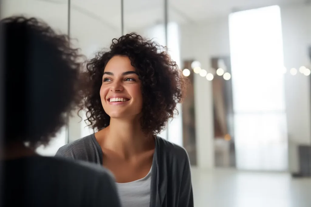 Femme souriante se regardant dans un miroir dans un environnement lumineux, symbolisant la découverte de soi en personal branding.