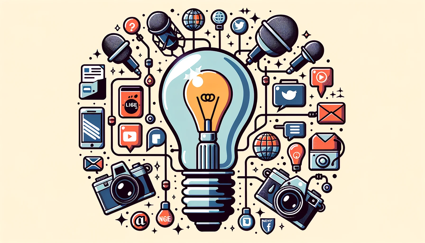 icônes de médias sociaux, un microphone, une caméra et des liens web, avec une ampoule lumineuse au centre symbolisant l'intégration du digital et du traditionnel dans une stratégie marketing