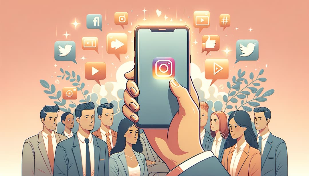 main tenant un smartphone entouré d'icônes de médias sociaux comme Instagram, YouTube et Twitter. À l'arrière-plan, des hommes et femmes d'affaires diversifiés en tenue professionnelle observent attentivement le produit mis en avant sur l'écran du téléphone, illustrant l'importance du marketing numérique dans le monde des affaires actuel.