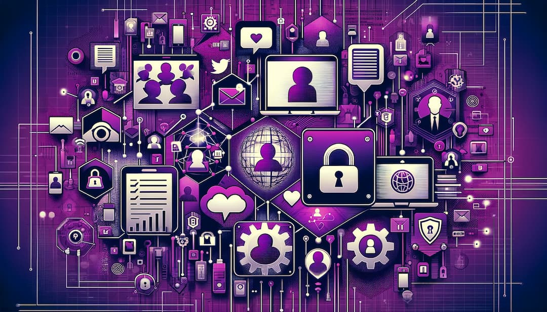 Collage numérique sur le lobbying et l'influence dans la communication, avec icônes de médias sociaux, bulles de dialogue, connexions réseau et éléments de protection des données, le tout sur fond violet.